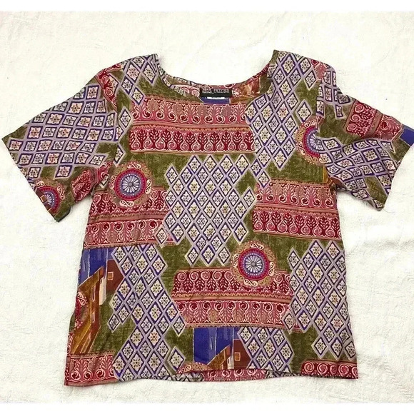 90's Black Island 2 PC Blouse Skirt Set Petite M Retro Pattern Elastic VTG - Picture 5 of 15